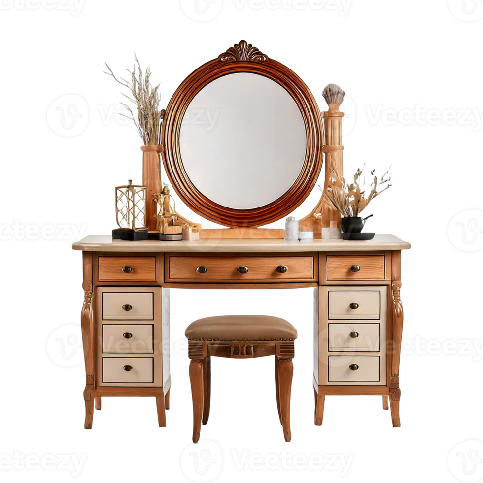 a wooden dressing table or desk with a mirror and a vase with flowers on it png
