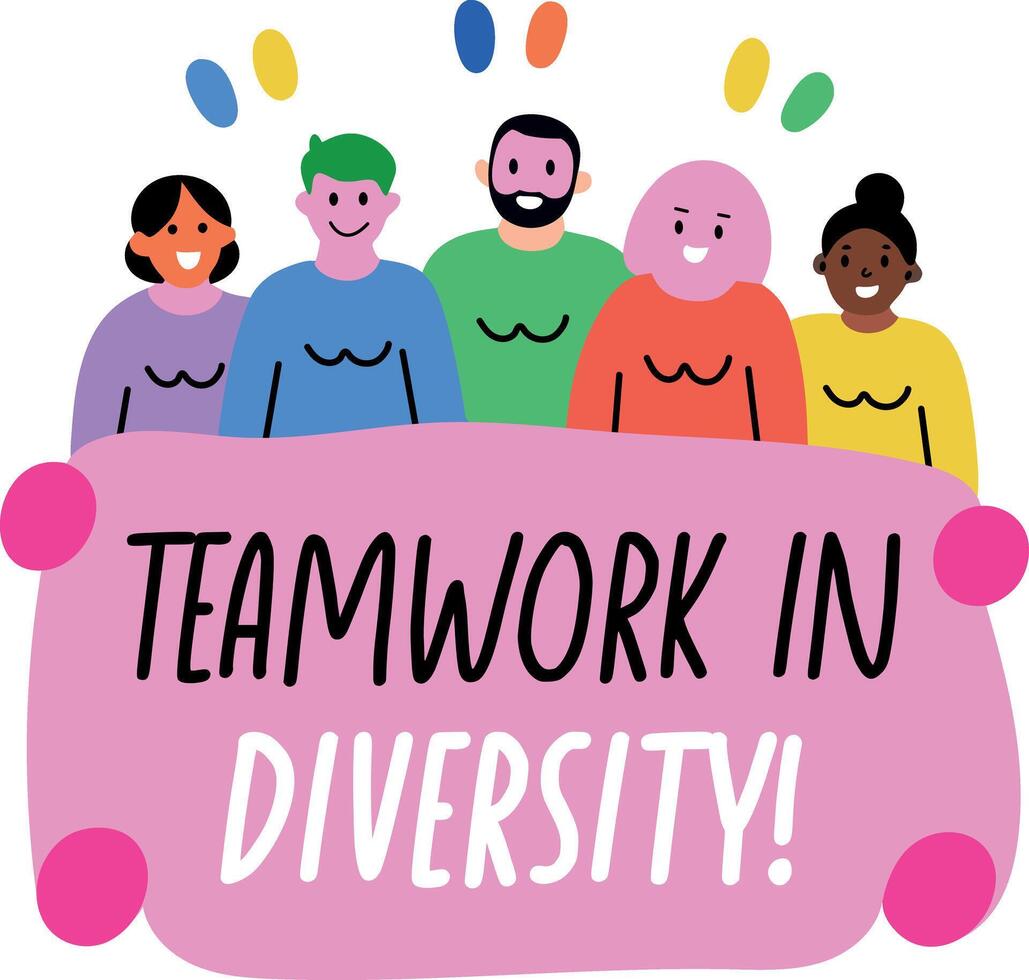 A flat sticker of protesters holding a sign that says teamwork in diversity vector