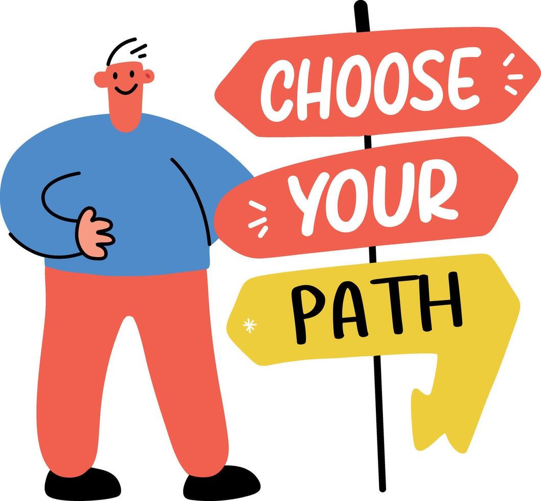 Flat sticker of a person standing next to a signpost with text choose your path vector