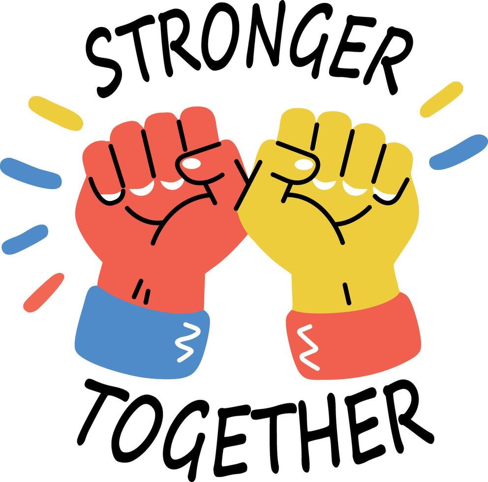 A flat sticker featuring two fists bumping together with the text stronger together vector