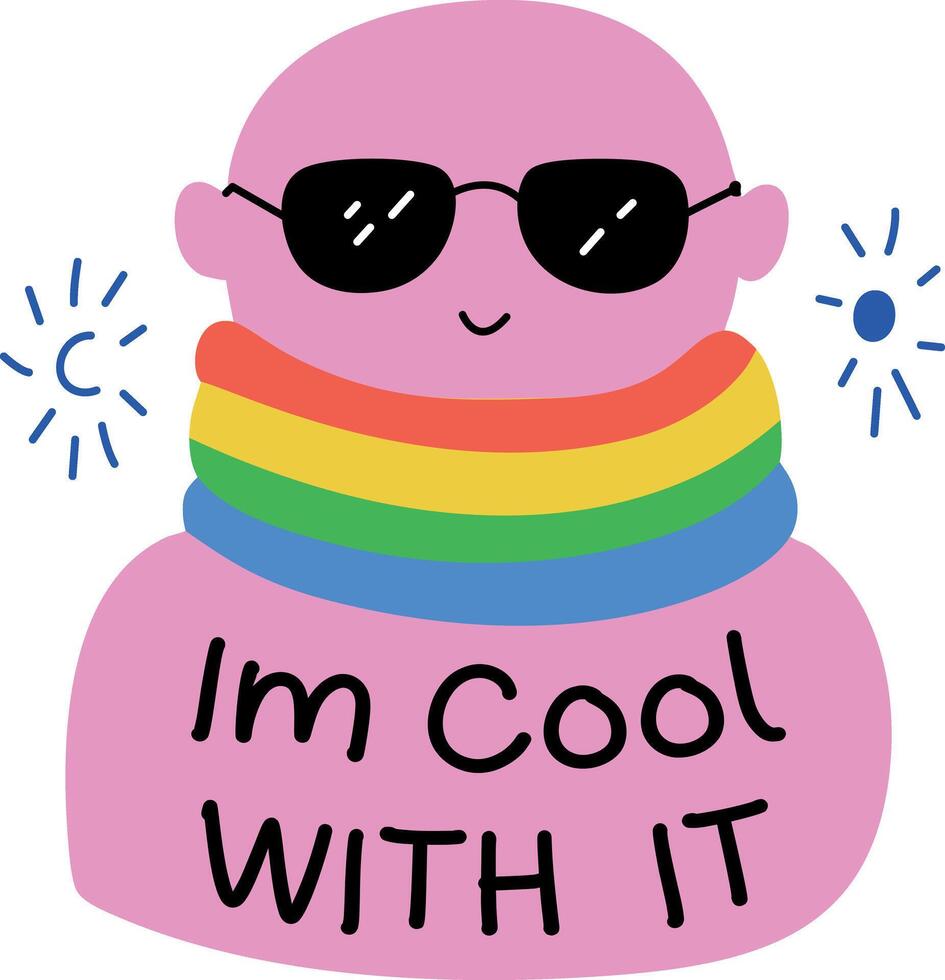Flat sticker of person wearing rainbow scarf and sunglasses with text im cool with it vector