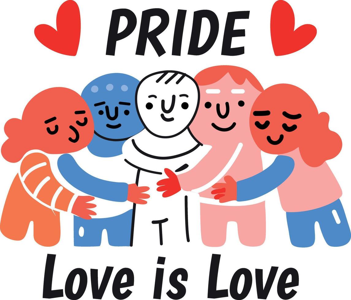 Flat sticker depicting group hug with text pride love is love vector