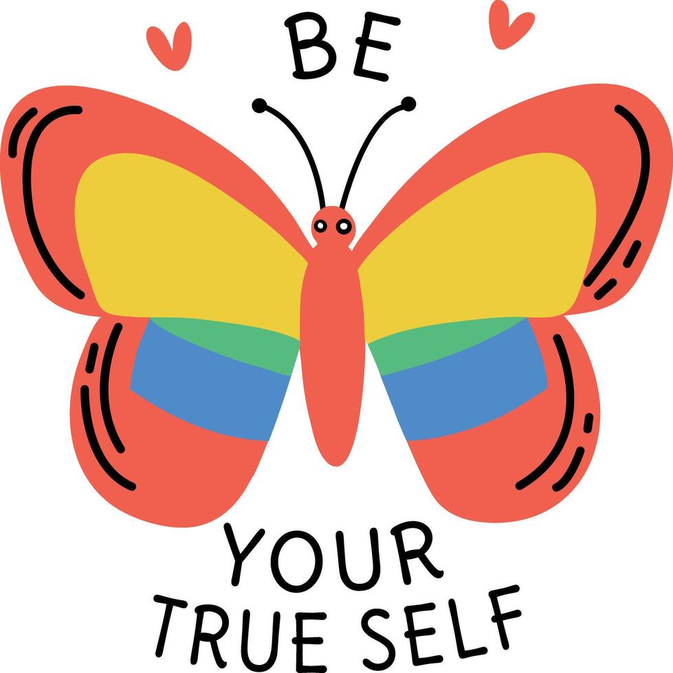 A flat sticker featuring butterfly wings with the text be your true self vector