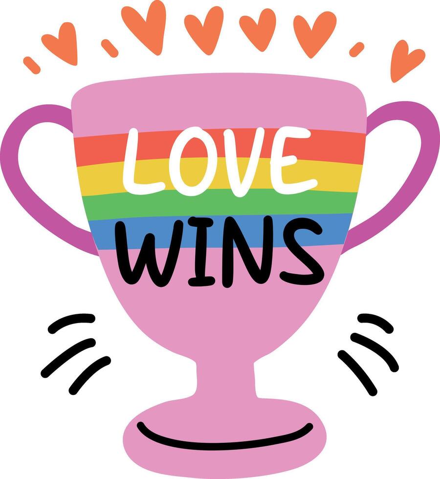 A flat sticker of pride trophy with a rainbow design and the text love wins vector
