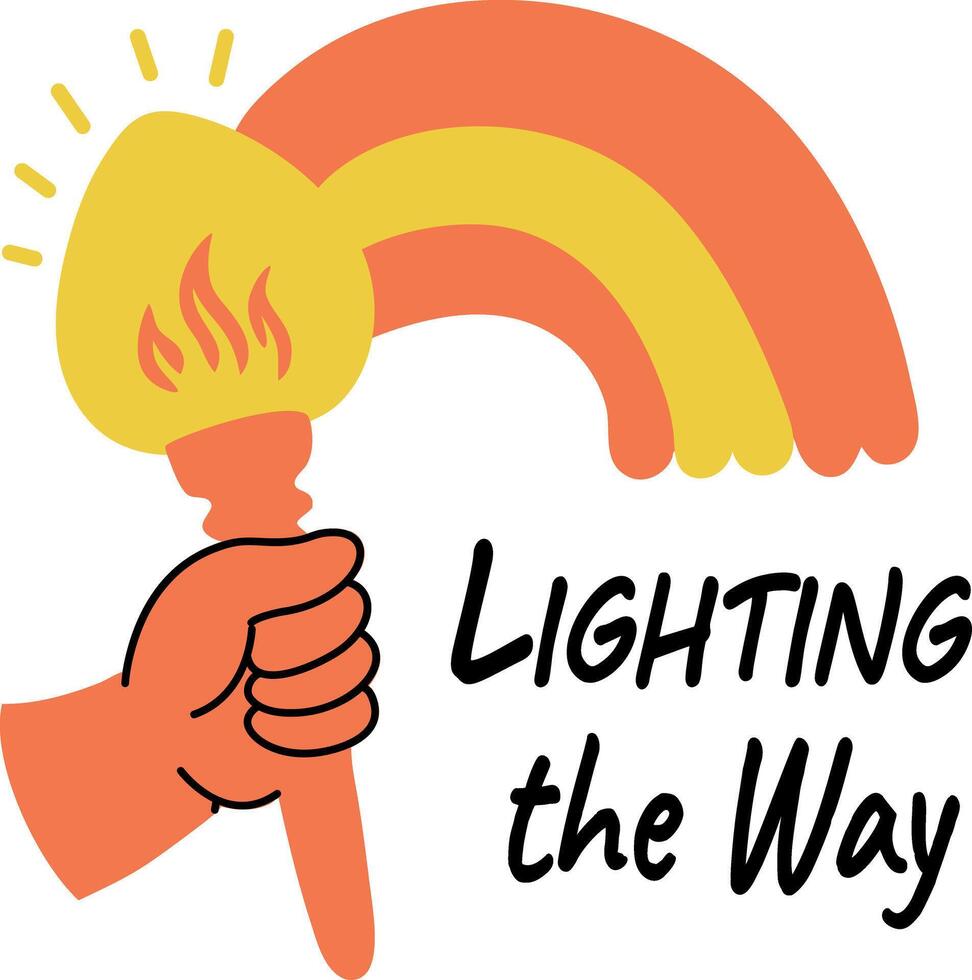 A flat sticker of hand holding torch with rainbow and text lightening the way vector