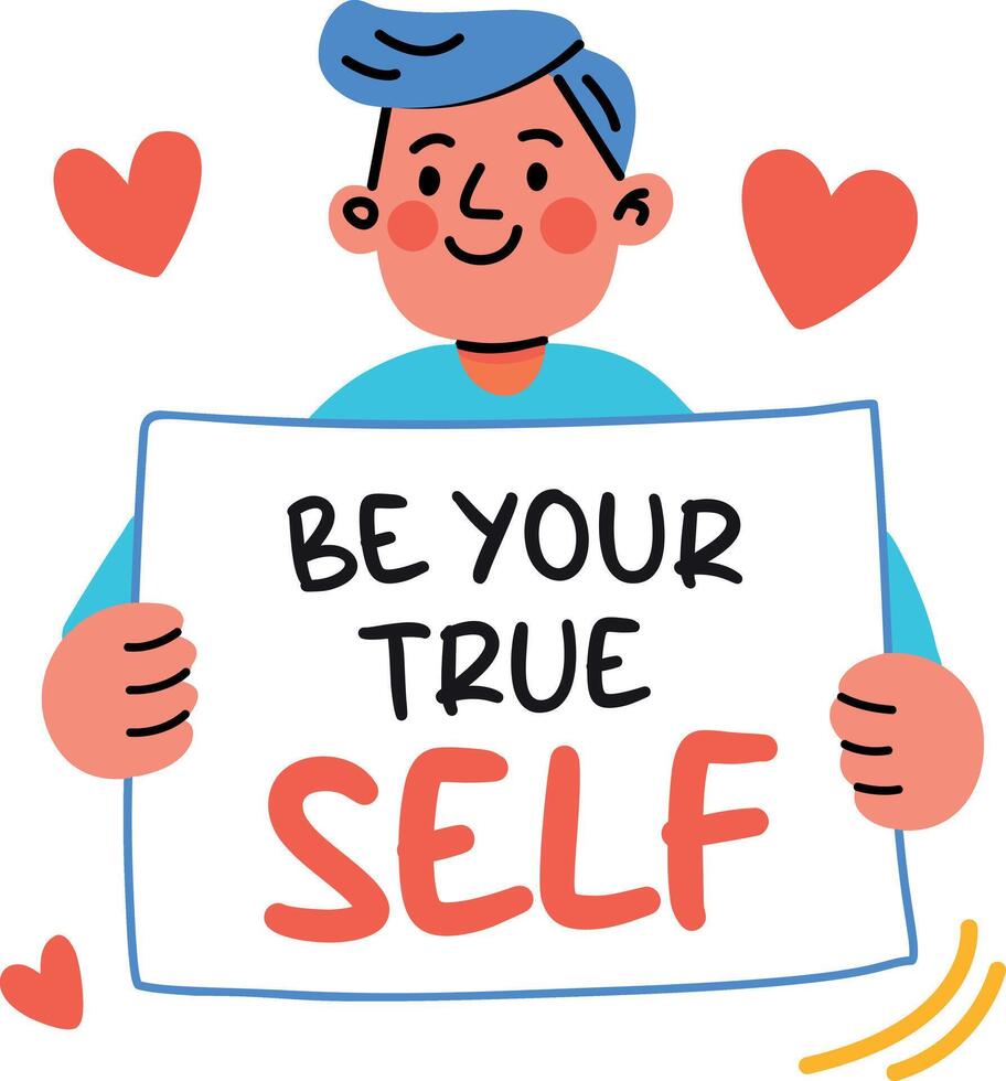 A flat sticker of a person holding pride banner that says be your true self vector