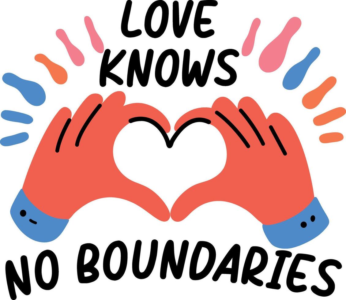 A flat sticker of heart gesture with text love knows no boundaries vector