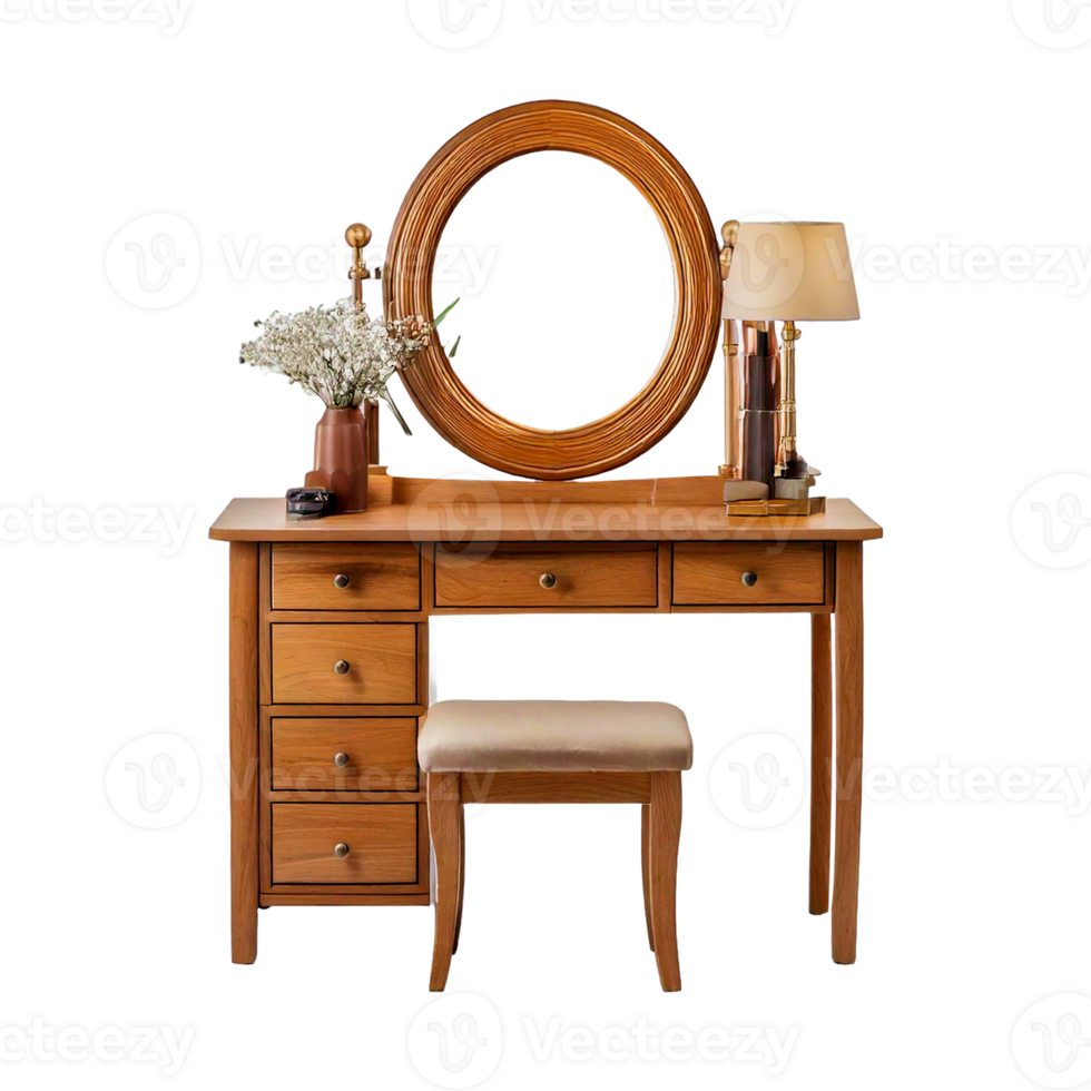 a wooden dressing table or desk with a mirror and a table lamp with flowers on it png