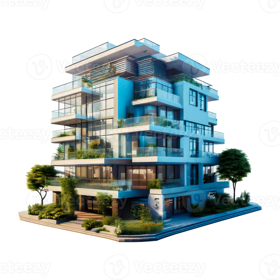 a blue apartment building with a tree on the top. png