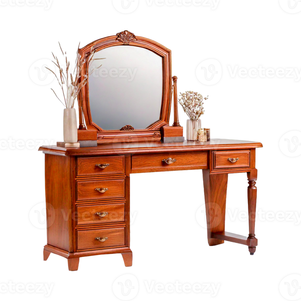 a wooden dressing table with a mirror and a vase with flowers on it png
