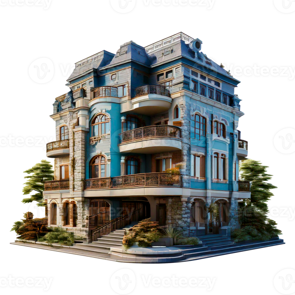 a model of a house with a balcony and a modern building in the city png