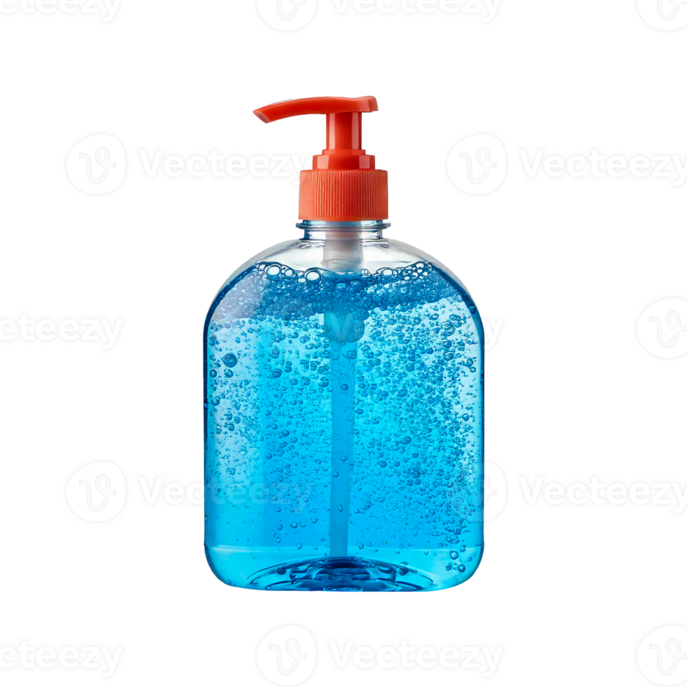a blue bottle of soap with blue liquid with red cap png