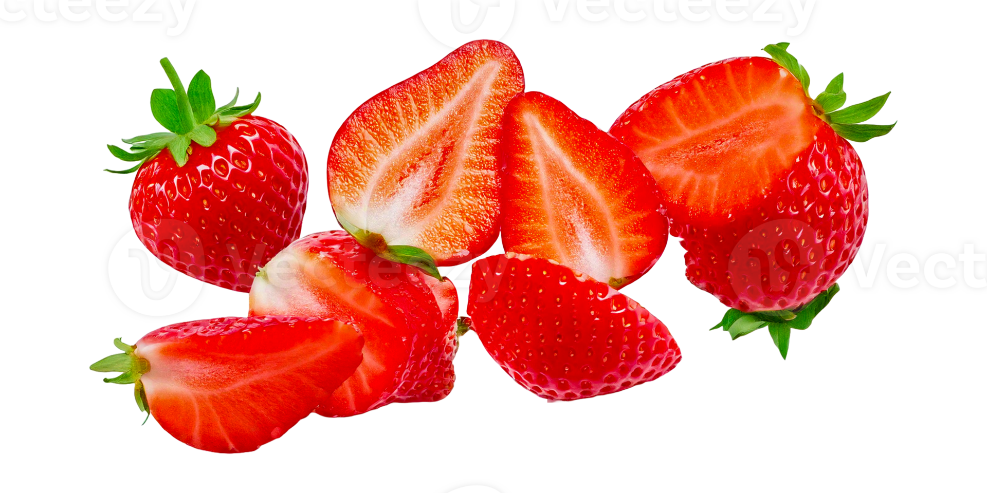 Close-up natural fresh strawberry slices falling from the top png