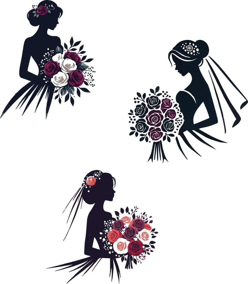A silhouette of a bride with multi color bouquet vector