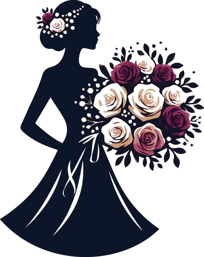 A silhouette of a bride holding a round bouquet vector