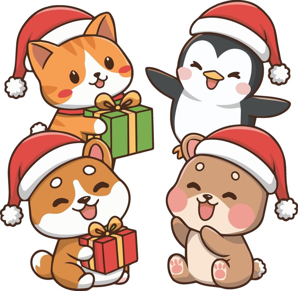 Collection of adorable winter animal characters vector