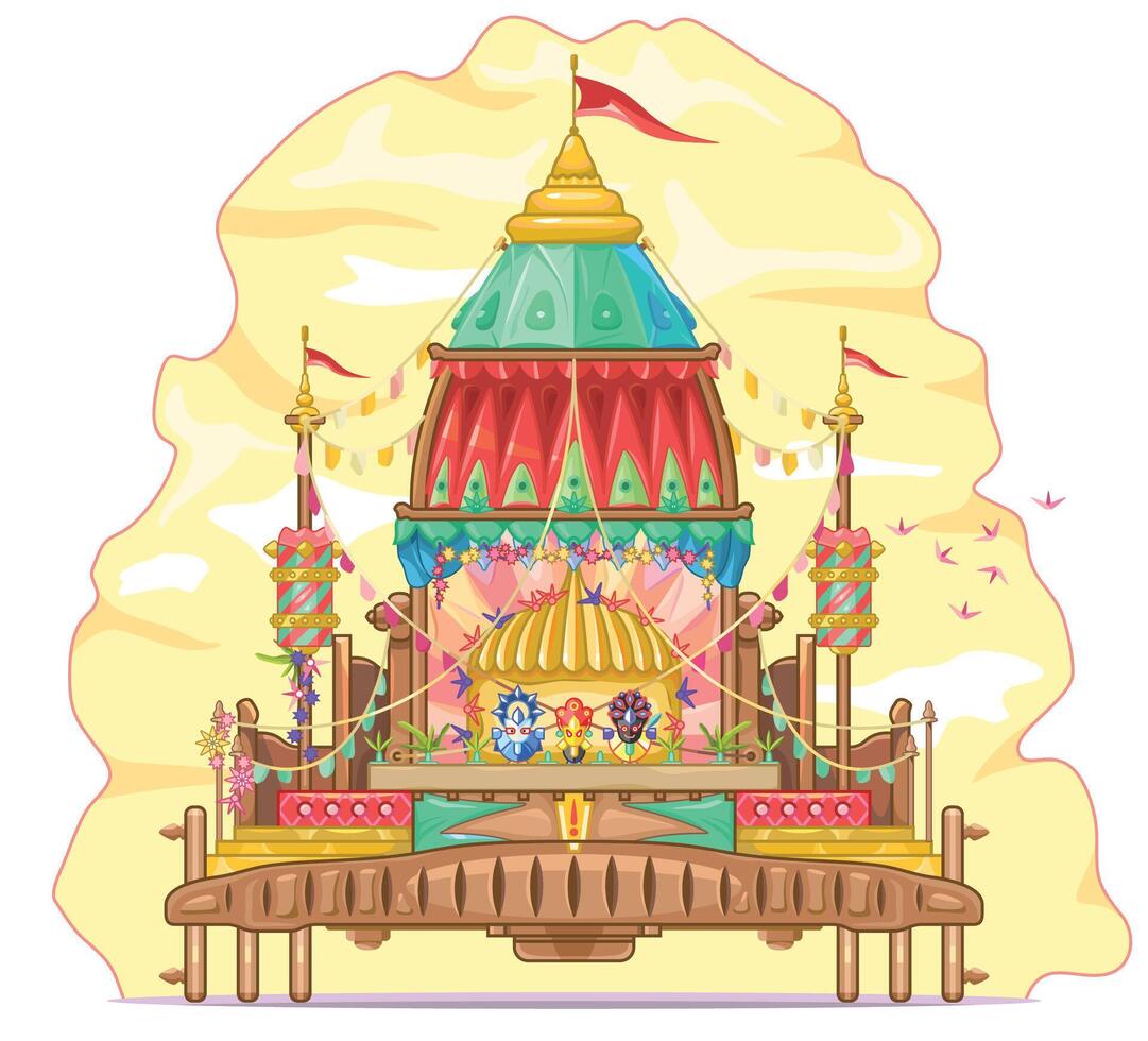 Ratha Yatra festival. Puri, Odisha, India. Lord Jagannath, Balabhadra and Subhadra in rameaning chariot. They ride on a chariot with a dome vector