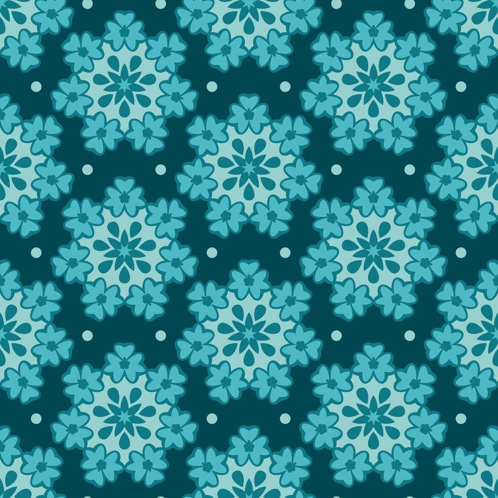 Turquoise floral seamless pattern with flowers and dots on dark teal background, elegant and modern design for textiles, wallpaper, wrapping paper, fashion prints vector