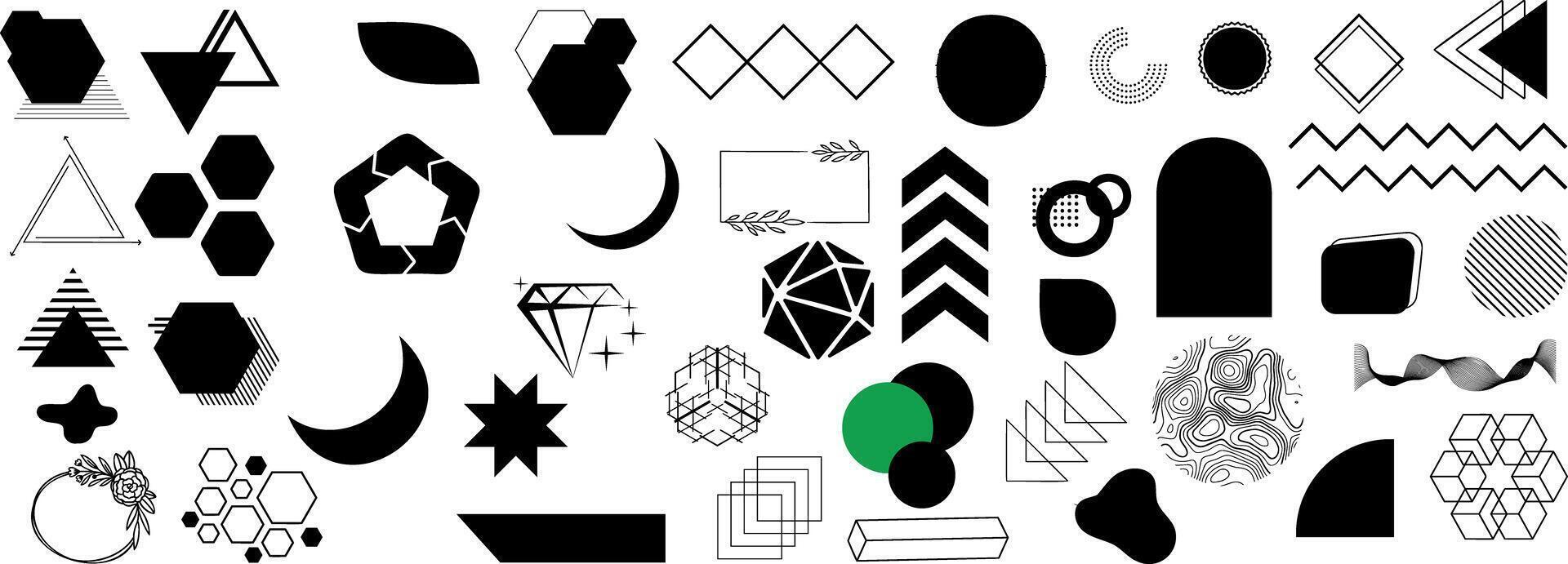Abstract geometric shapes, vibrant hexagons, colorful diamonds, crescents, gradients, topographic patterns, arrows, and wave lines for design, backgrounds, logos, branding, and creative projects vector