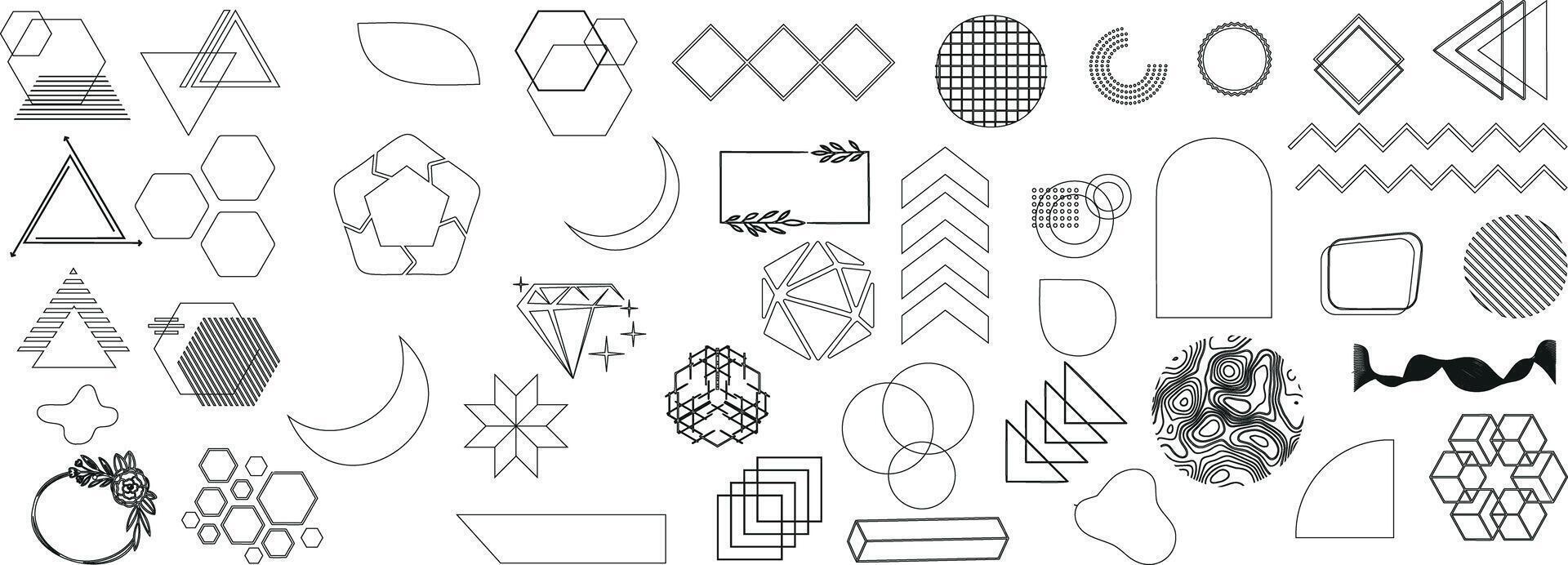 Abstract geometric shapes, modern minimalist design elements including circles, triangles, hexagons, diamonds, arrows, crescents, wavy lines, stars, grids, arches, cubes, and floral frames vector