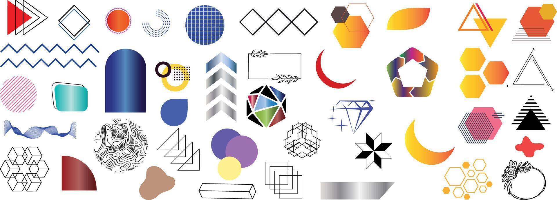 Abstract geometric shapes, vibrant hexagons, colorful diamonds, crescents, gradients, topographic patterns, arrows, and wave lines for design, backgrounds, logos, branding, and creative projects vector
