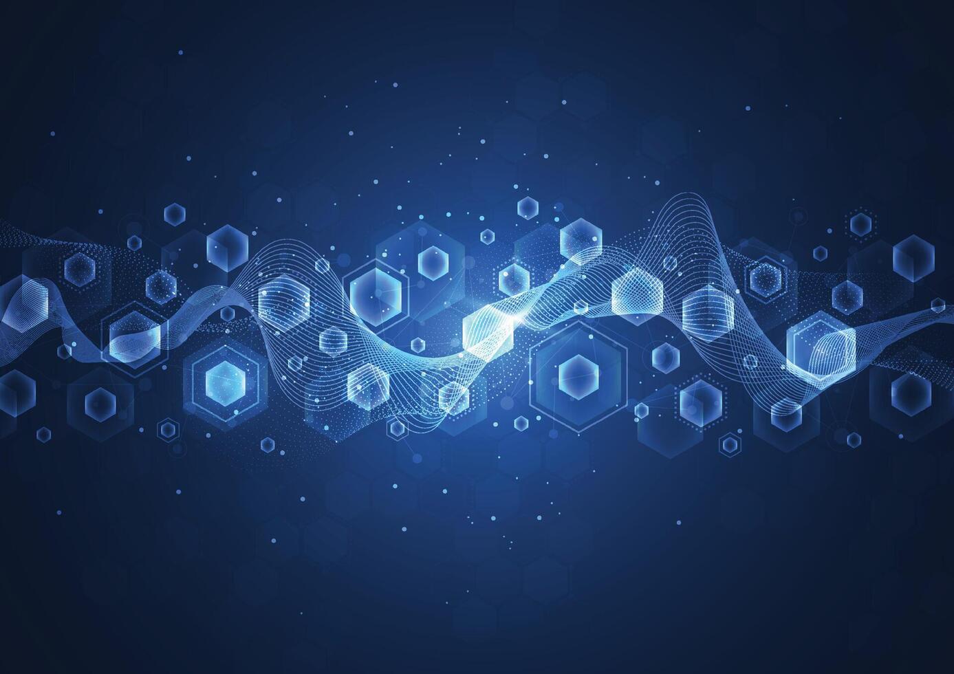 Abstract network technology communication blue hexagons background. Connection concept with mesh dots and lines innovation vector