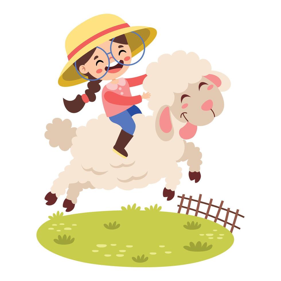 Funny Cartoon Kid Riding Sheep vector