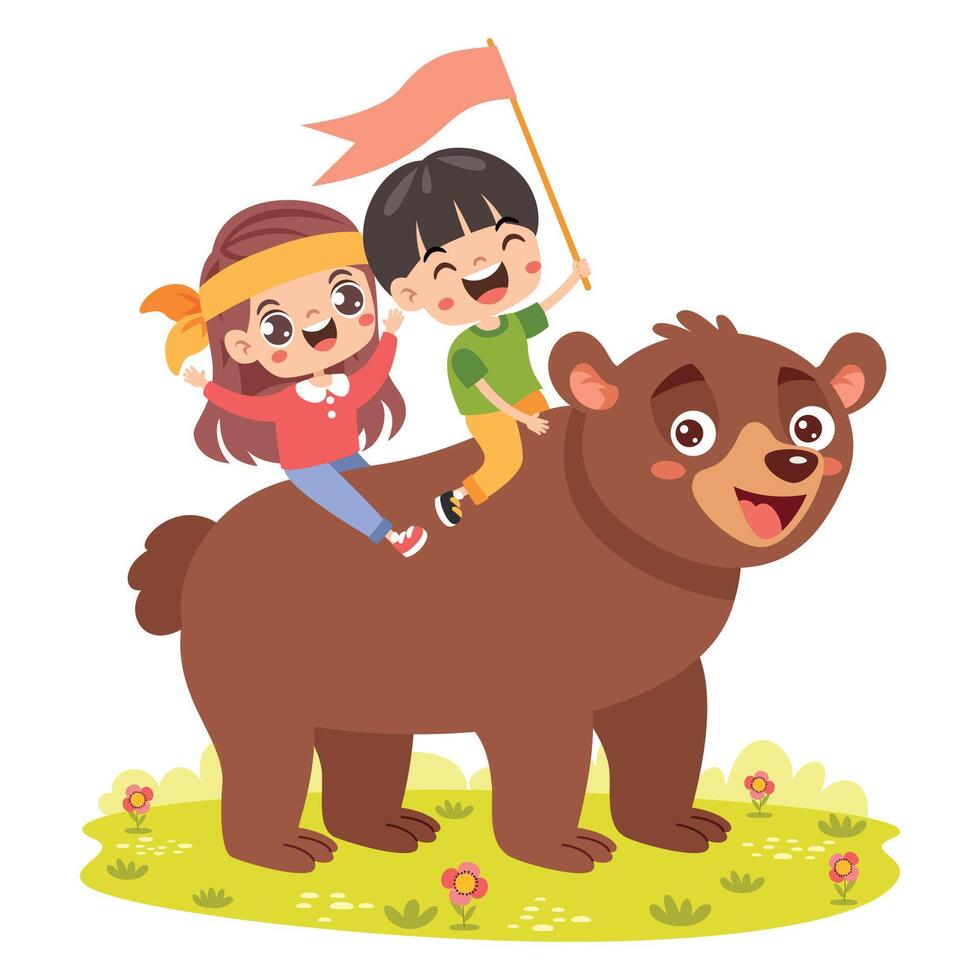 Funny Cartoon Kids Riding Bear vector