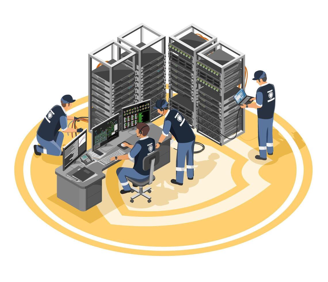 cyber security engineer and it support setup electric system in server room isometric isolated industrial concept illustration on white background vector