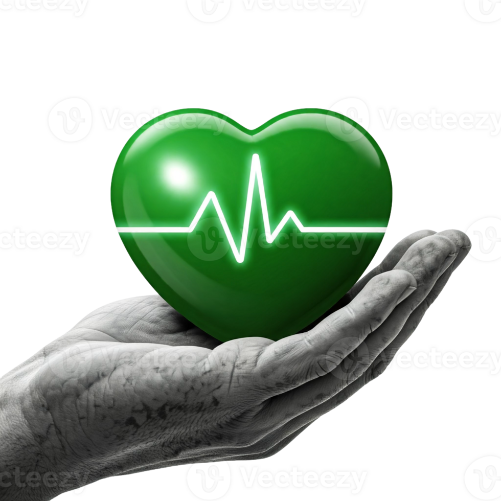 Hand Holding a Pulsating Green Heart Isolated on Transparent Backdrop png