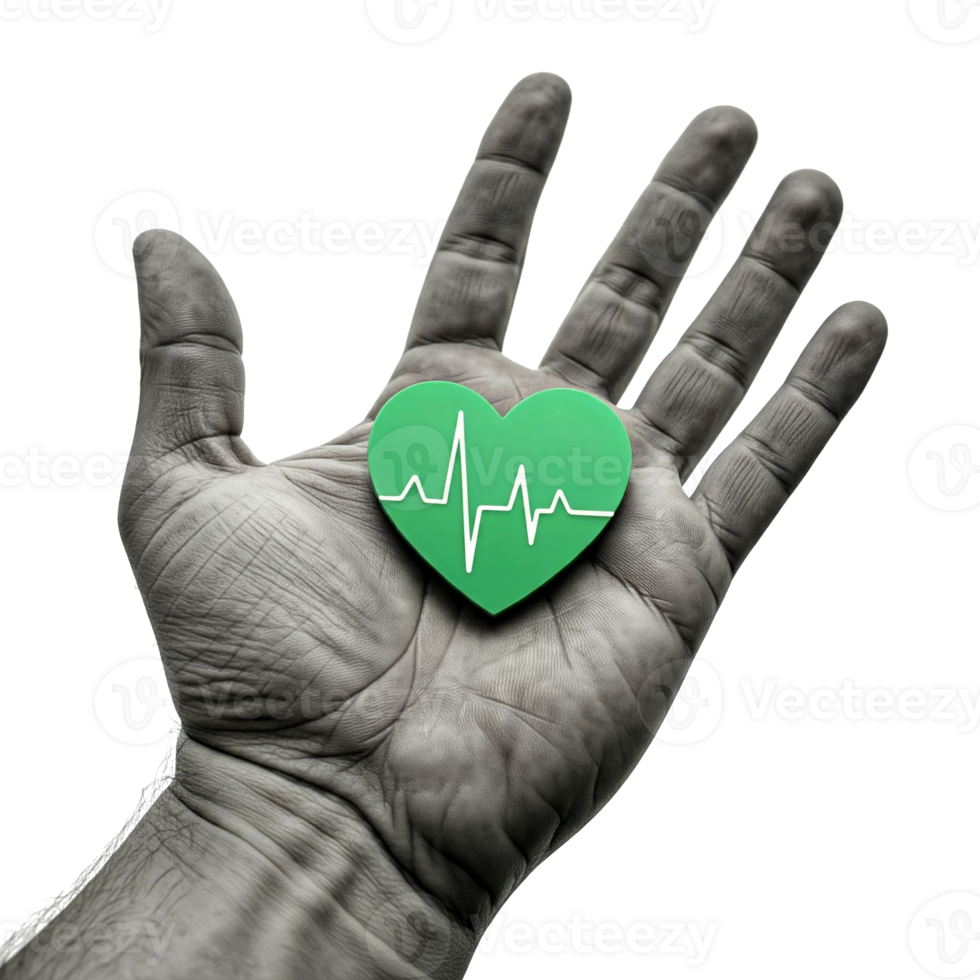 Isolated Hand Holding a Green Heart with a White Heartbeat Line Running Through It png