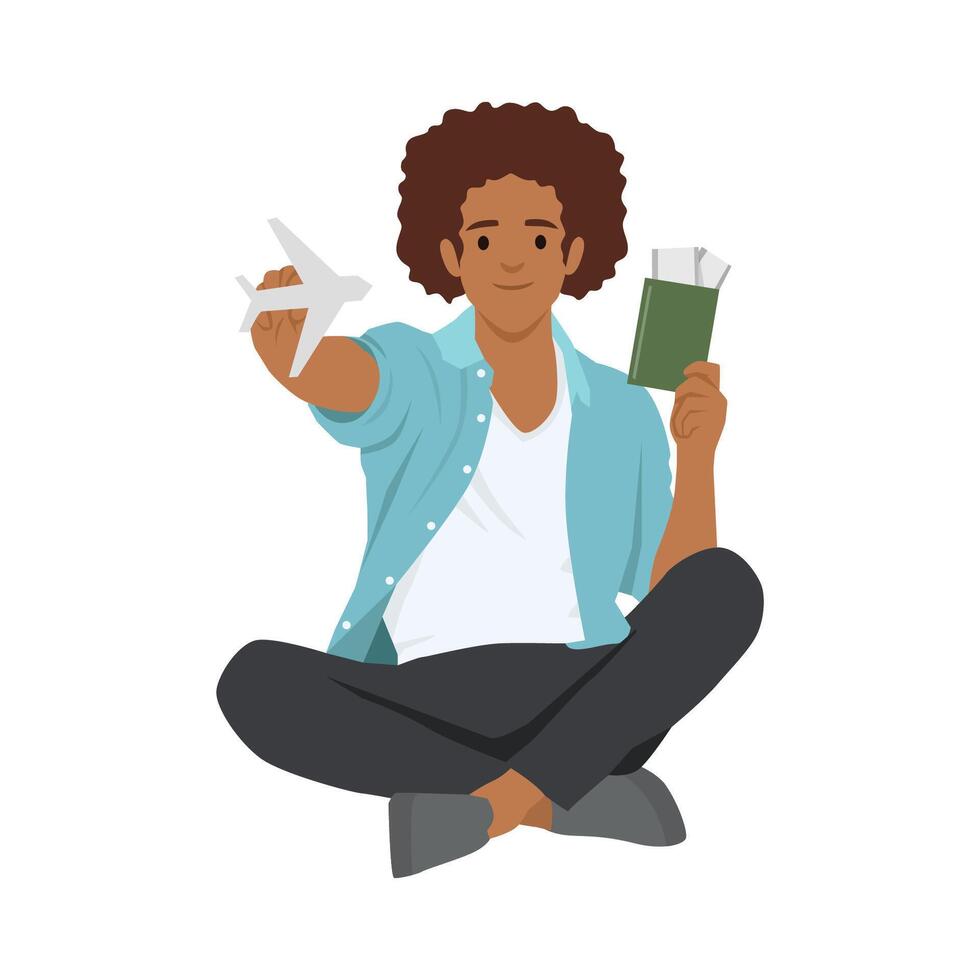 Young man holding in hands paper aircraft and passport to travel. vector