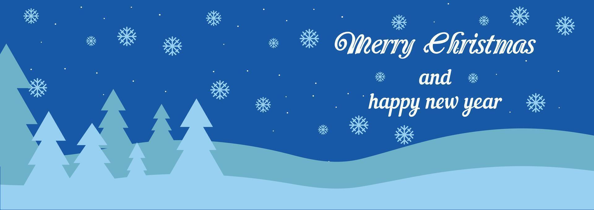 Blue winter landscape with stylized Christmas trees, falling snowflakes, and festive holiday greeting text. . vector
