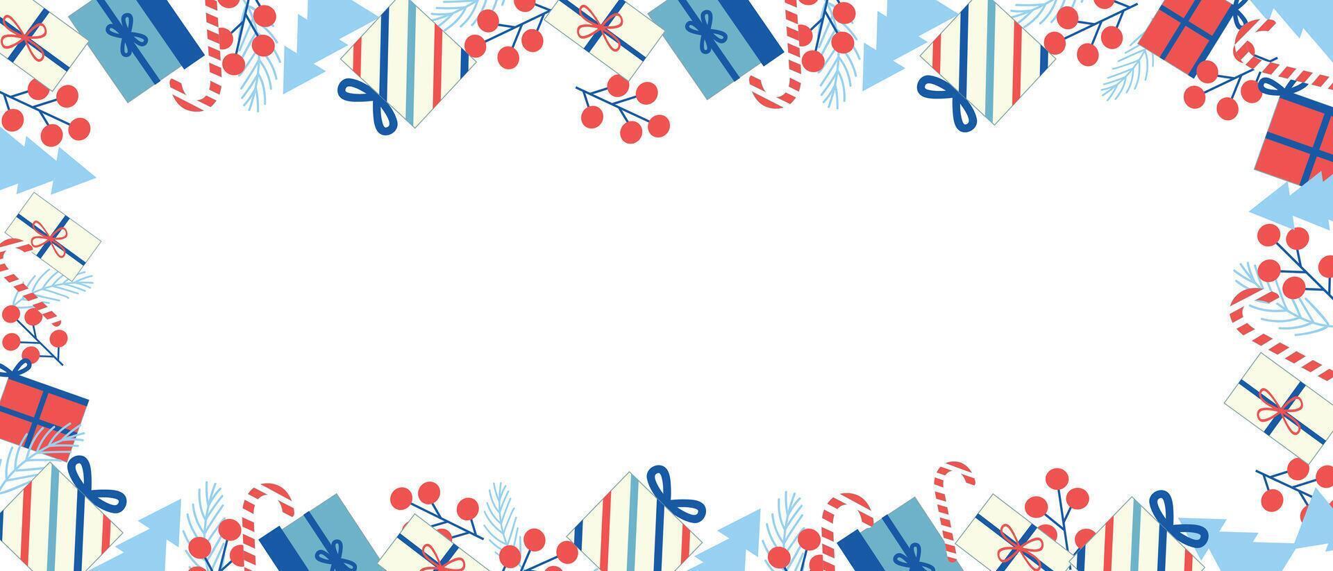 Festive Christmas border with colorful gift boxes, red berries, candy canes, and pine branches on a white background., with copy space for text. . vector