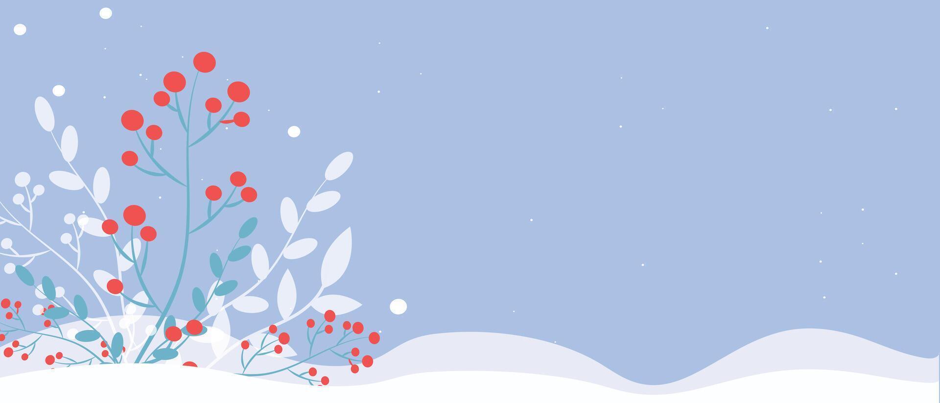 Minimalist winter illustration with red berries, white leaves, and soft snow drifts on a light blue background, with copy space for text. . vector