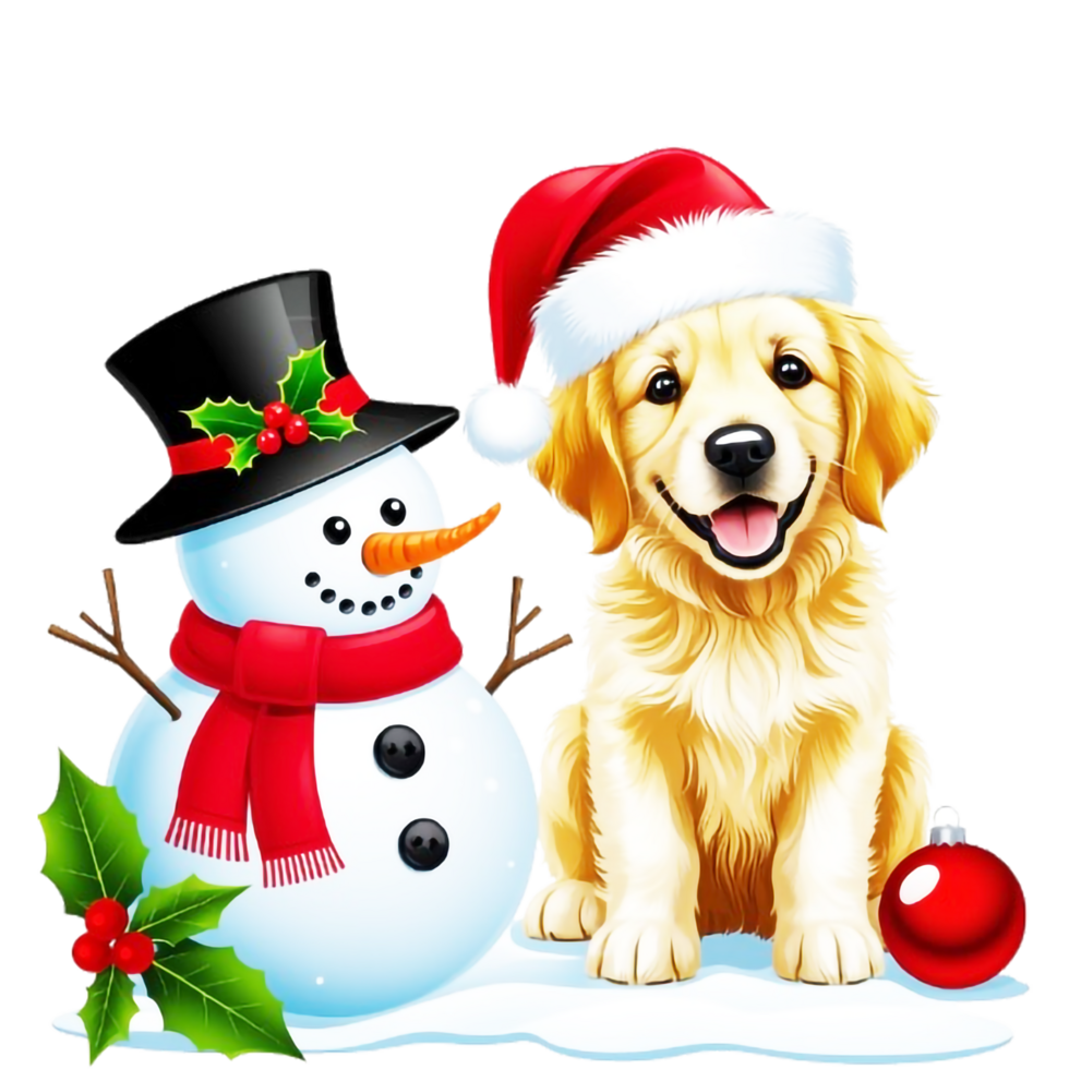 a golden retriever and snowman with christmas decorations png