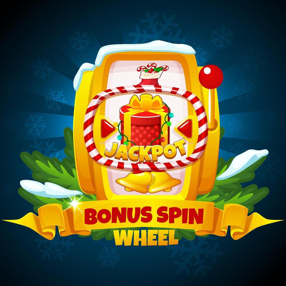 Christmas bonus spin wheel with icons. Golden slot machine for your games, Christmas theme vector