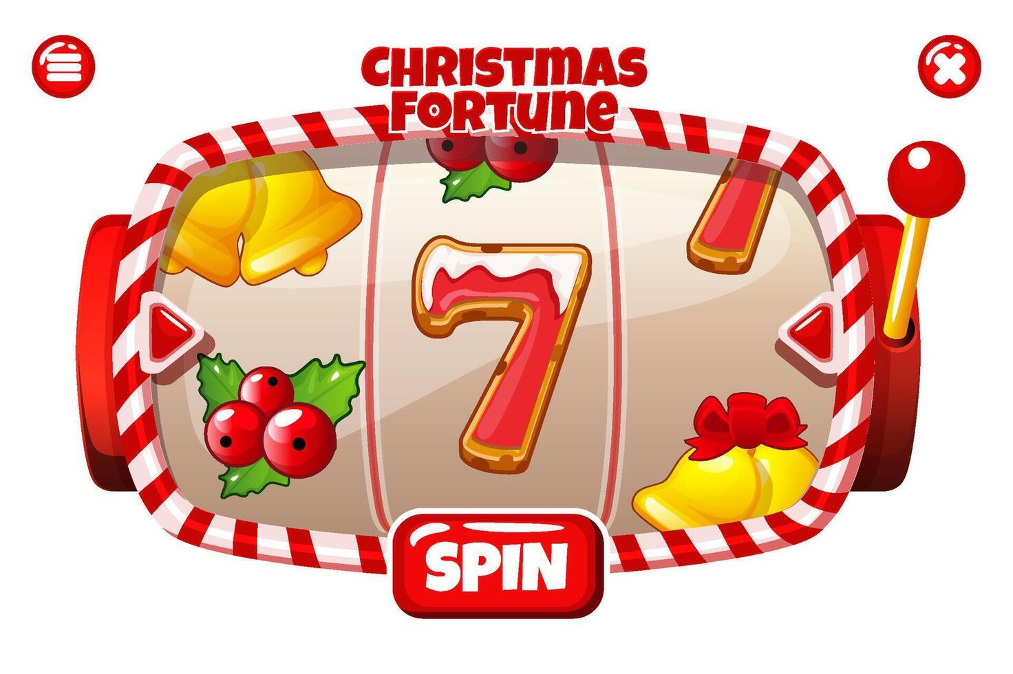 Christmas fortune, SLOT machine interface with Christmas icons. Banner with candy slot machine and Gingerbread 7, berry and golden bells slot symbols for your games vector