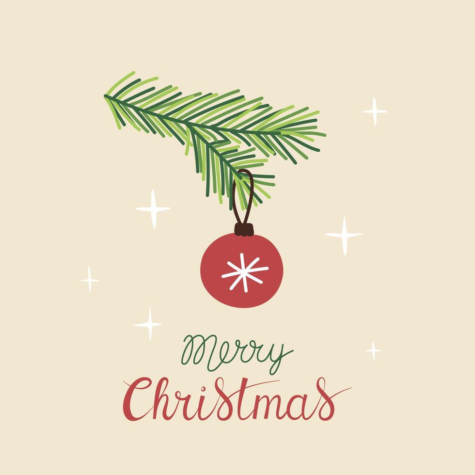 Christmas greeting card with Merry Christmas handwritten lettering and Christmas tree branch with red ball decoration on a beige background. Simple design for print, social media and more vector