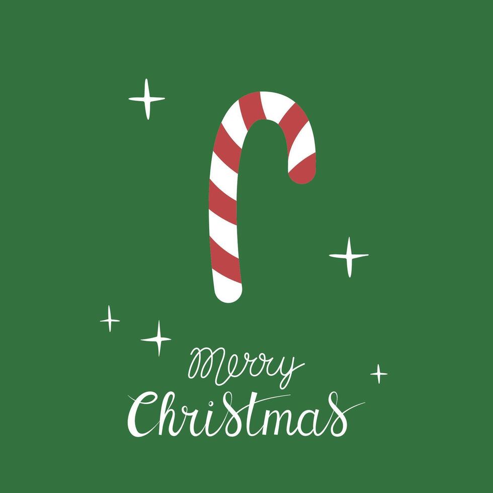 Christmas greeting card with Merry Christmas handwritten lettering and christmas candy cane on a green background. Simple design for print, social media and more vector