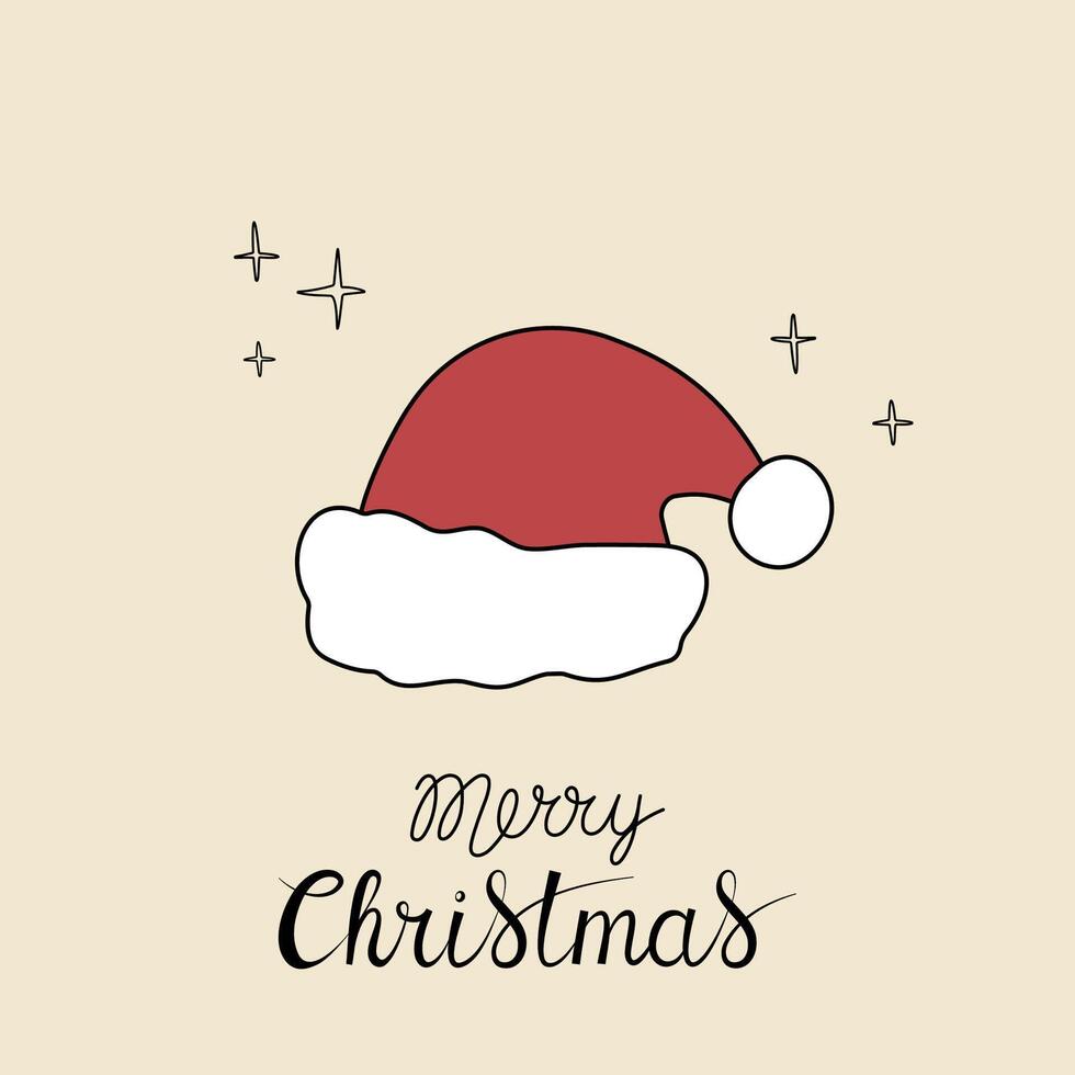 Christmas greeting card with Merry Christmas handwritten lettering and Santa hat on a beige background. Simple design for print, social media and more vector