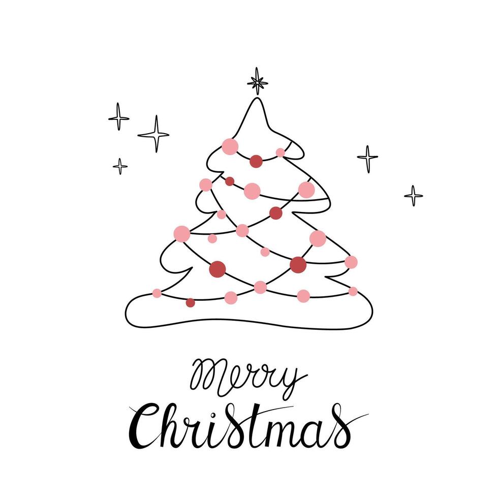 Christmas greeting card with Merry Christmas handwritten lettering and Christmas tree on a white background. Simple design for print, social media and more vector
