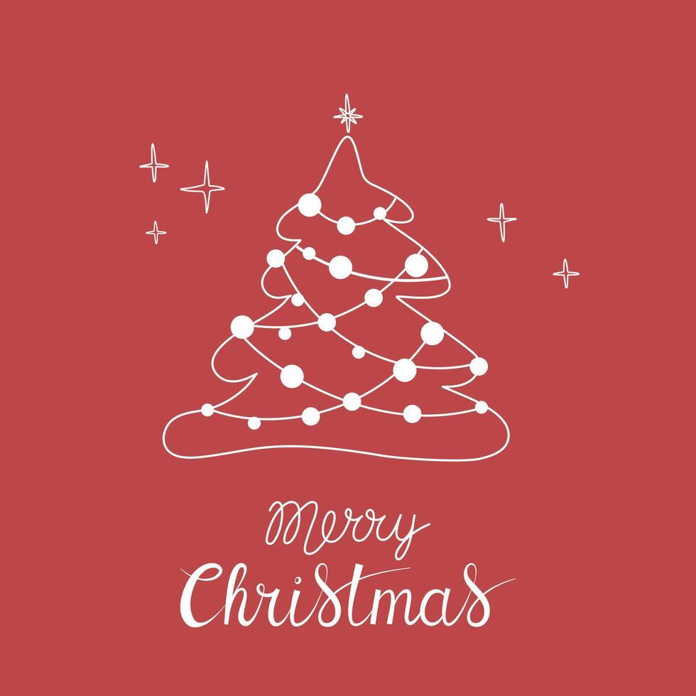 Christmas greeting card with Merry Christmas handwritten lettering and Christmas tree on a red background. Simple design for print, social media and more vector