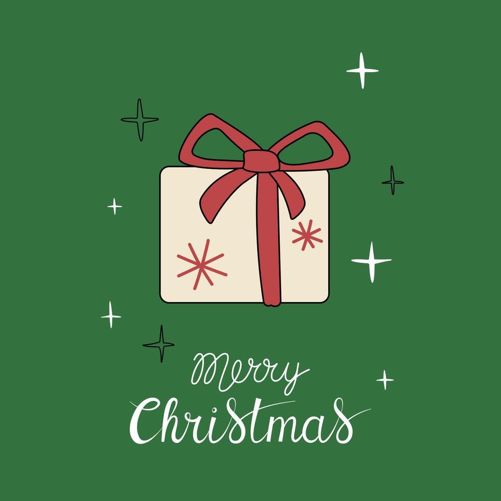 Christmas greeting card with Merry Christmas handwritten lettering and gift box on a green background. Simple design for print, social media and more vector