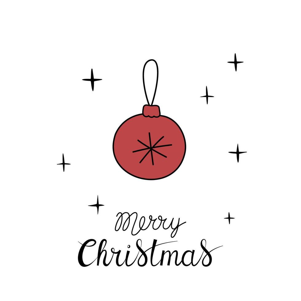 Christmas greeting card with Merry Christmas handwritten lettering and red Christmas tree ball on a white background. Simple design for print, social media and more vector