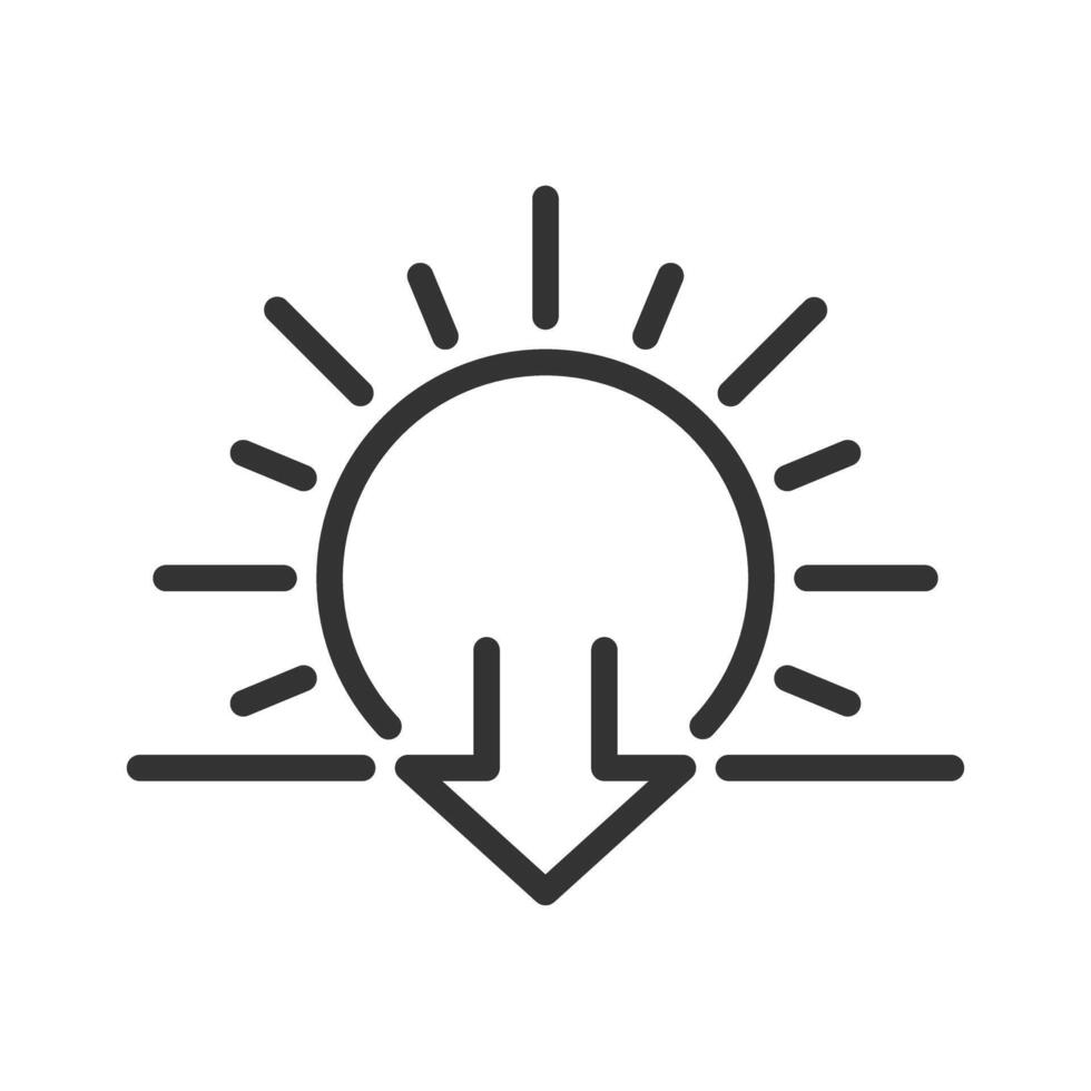 Sunset linear icon. Sun and downward arrow symbol. Evening time. Dusk. Transition from day to night. Thin line illustration. Contour symbol. outline drawing. Editable stroke vector