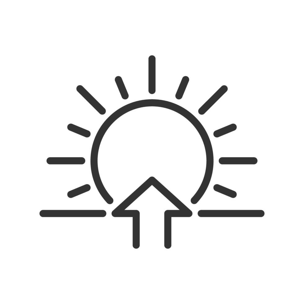 Sunrise linear icon. Sun and upward arrow symbol. Morning time. Dawn concept. Transition from night to day. Thin line illustration. Contour symbol. outline drawing. Editable stroke vector