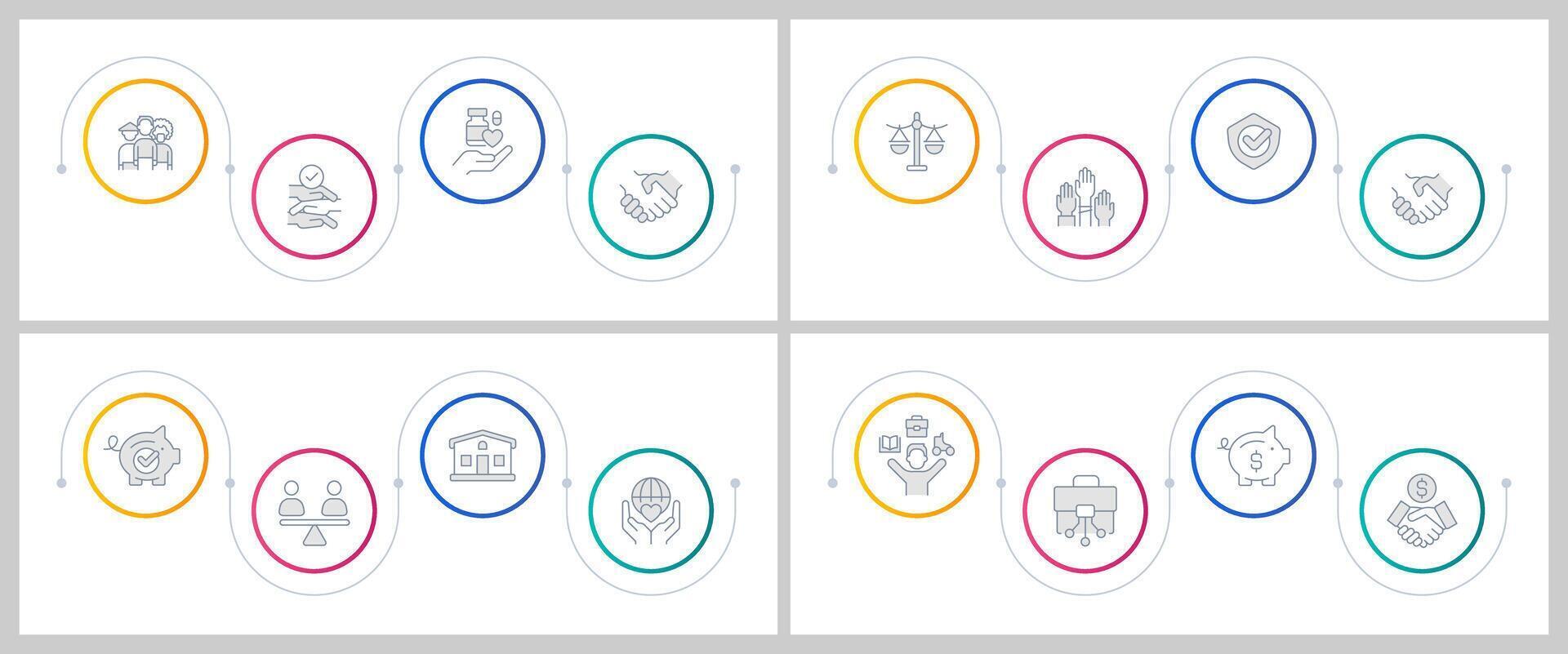 Social equality infographics circles set. Multicultural acceptance, remote work. Editable thin line icons diagrams process with steps collection vector