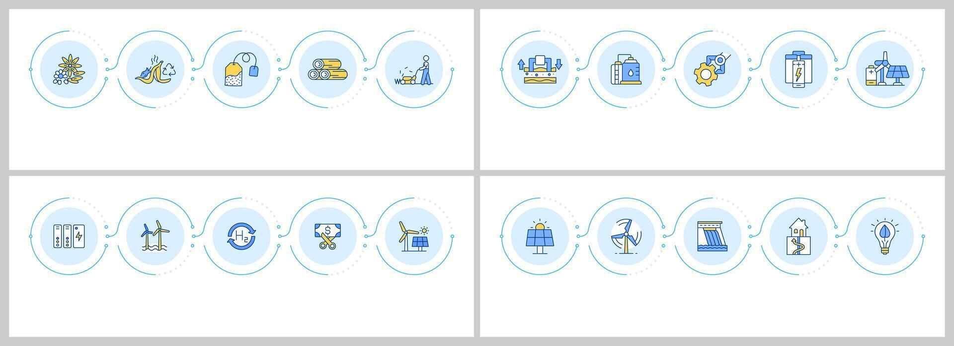 Green energy sources infographics set. Sustainable electricity, ecology. Flow charts infocharts with steps. Editable info graphics icons collection vector