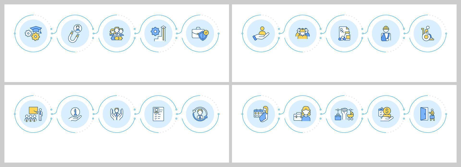 Human resources management infographics set. Employment organization. Flow charts infocharts with steps. Editable info graphics icons collection vector